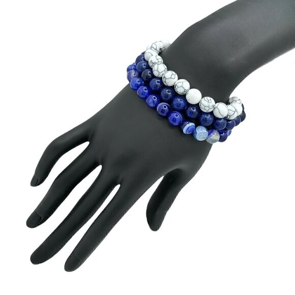 NWT Beaded Stretch Bracelets Set 3PCs Lapis Lazuli White Turquoise Agate - Picture 5 of 8